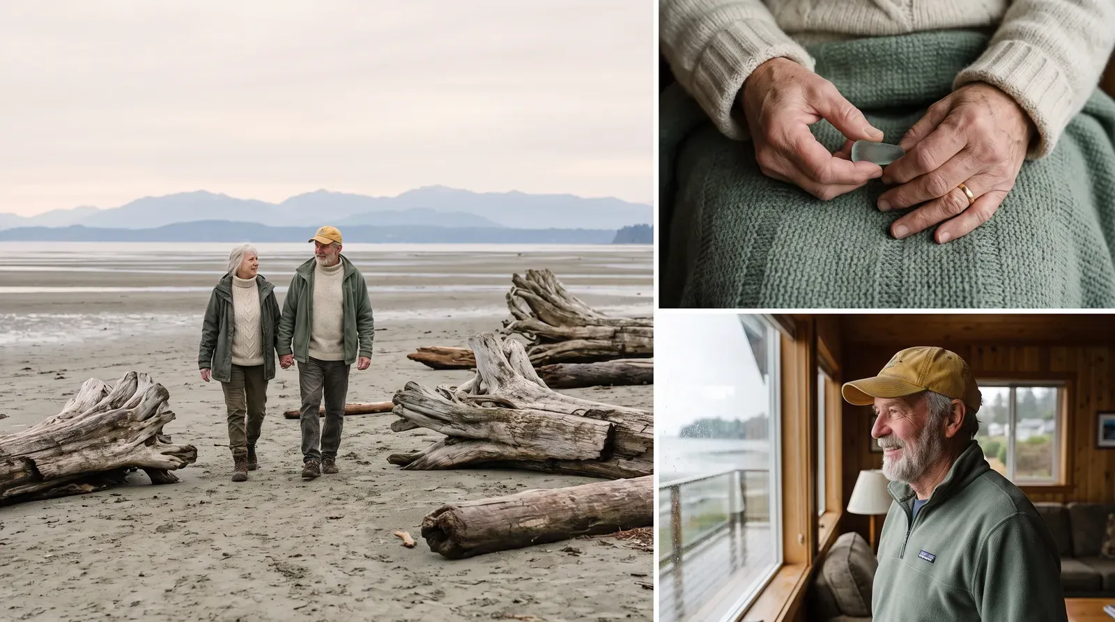 A long tidal beach with driftwood and open sky