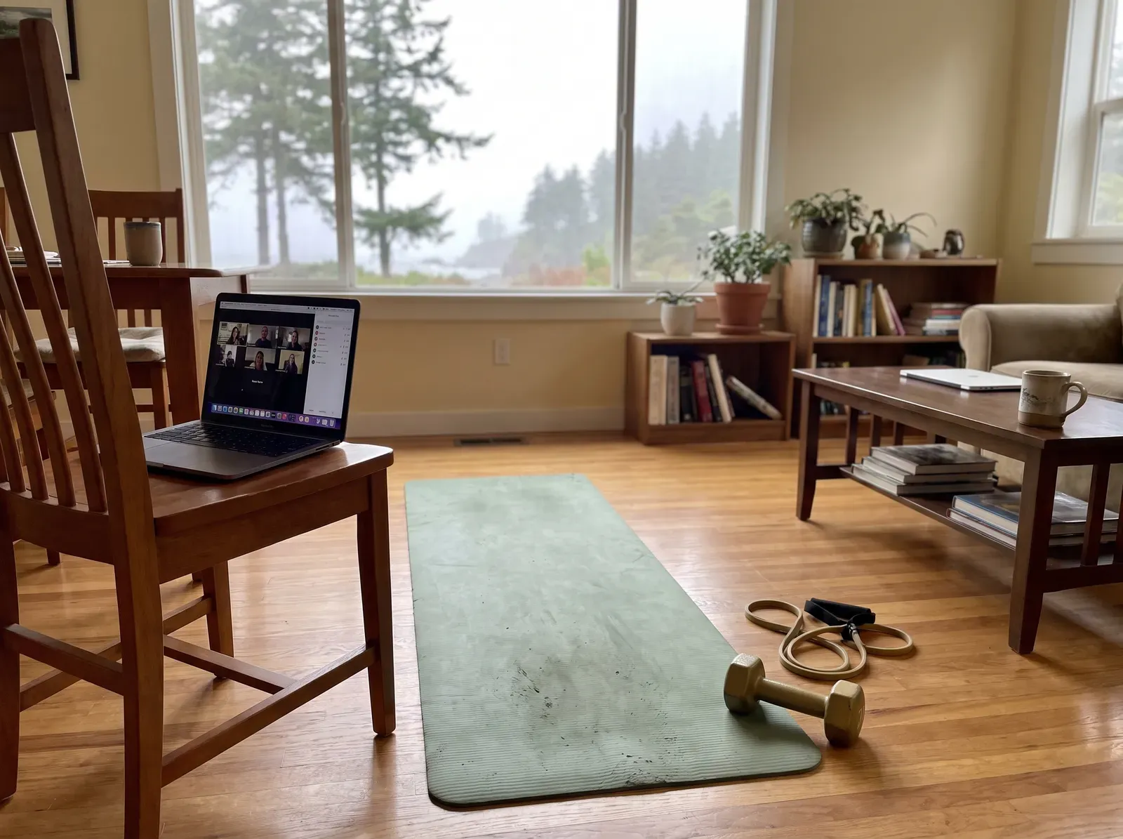 A living room set up for a training session: a laptop propped on a chair, a mat and one light dumbbell